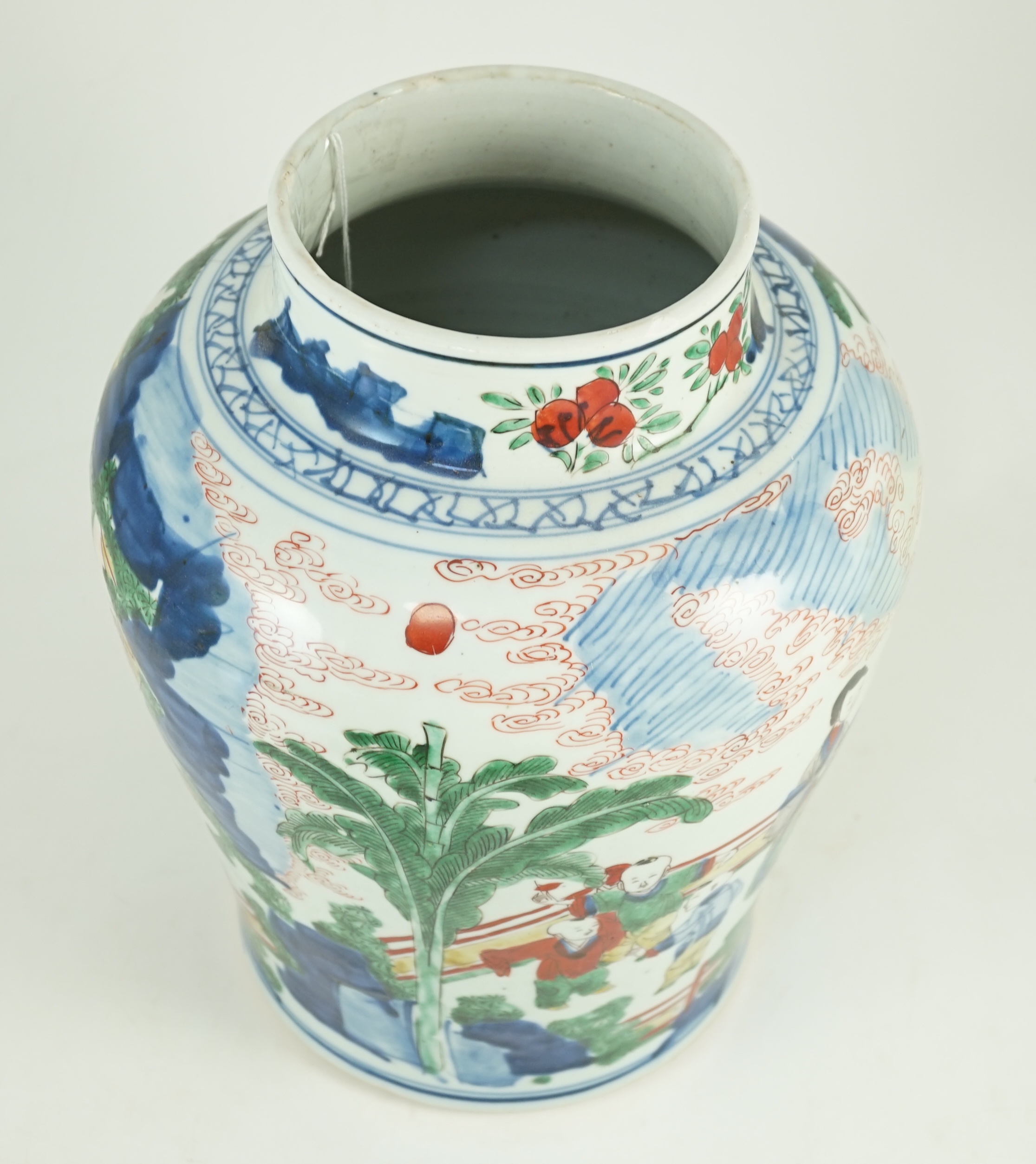 A Chinese Transitional wucai 'boys' vase and cover, c.1640, 41cm high